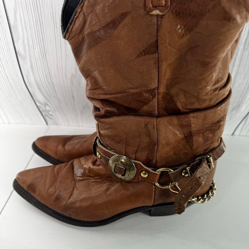 Vtg Dingo Boots Women Size 6.5 Olivia Slouch Chain Harness Concho Brown Leather - Picture 3 of 9